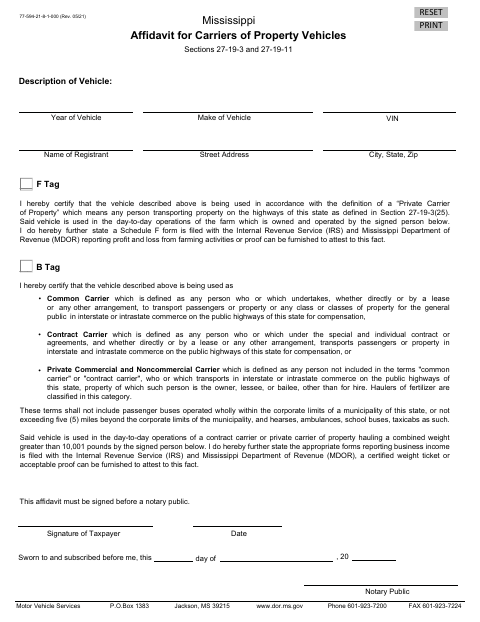 Affidavit for Carriers of Property Vehicles, Noxubee County form, first page