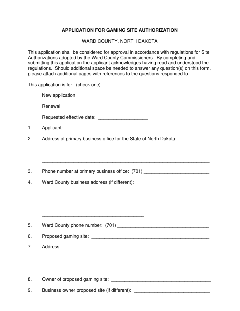 Application for Gaming Site Authorization, Ward County form, first page