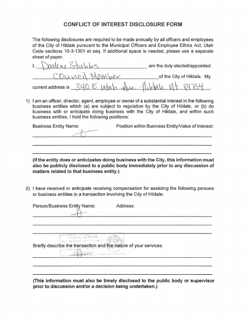 First page of the Conflict of Interest Disclosure Form