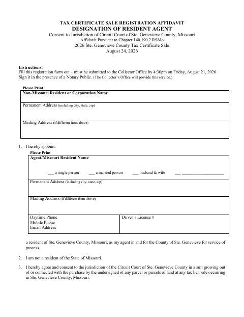 Tax Certificate Sale Registration Affidavit Designation of Resident Agent, Ste. Genevieve County form, first page