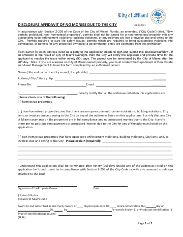 First page of the Disclosure Affidavit of No Monies Due to the City