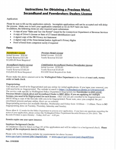 First page of the Pawnbroker License Application