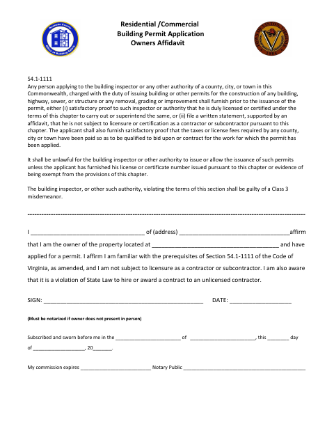 Owners Affidavit for Building Permit, City of Roanoke form, first page