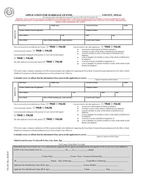 Application for Marriage License, Crockett County form, first page