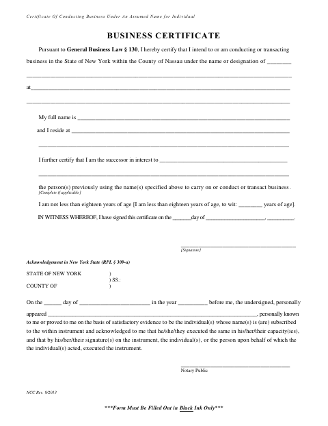 Certificate of Conducting Business Under an Assumed Name for Individual, Nassau County form, first page