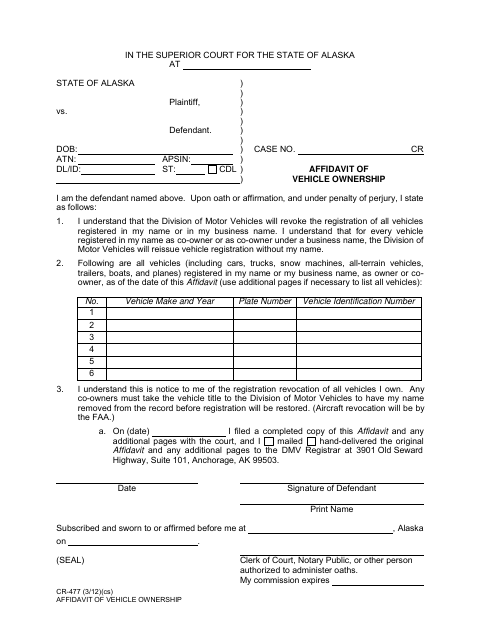 CR-477 Affidavit of Vehicle Ownership first page