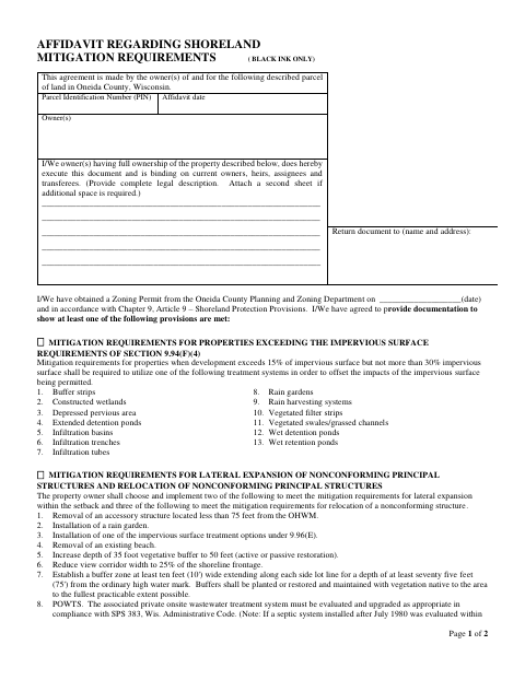 Affidavit Regarding Shoreland Mitigation Requirements, Oneida County form, first page