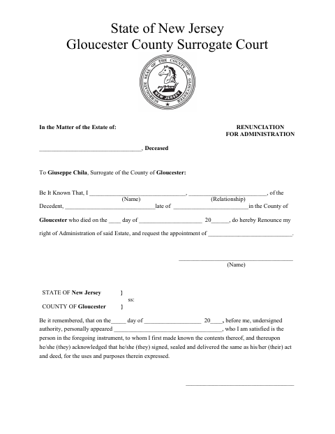 Renunciation for Administration, Gloucester County form, first page