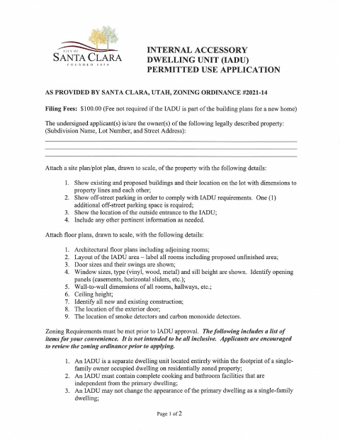 First page of the Internal Accessory Dwelling Unit Application