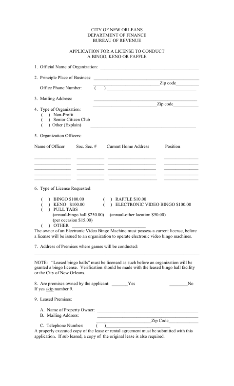 Application for a License to Conduct a Bingo, Keno, or Raffle, Orleans Parish form, first page