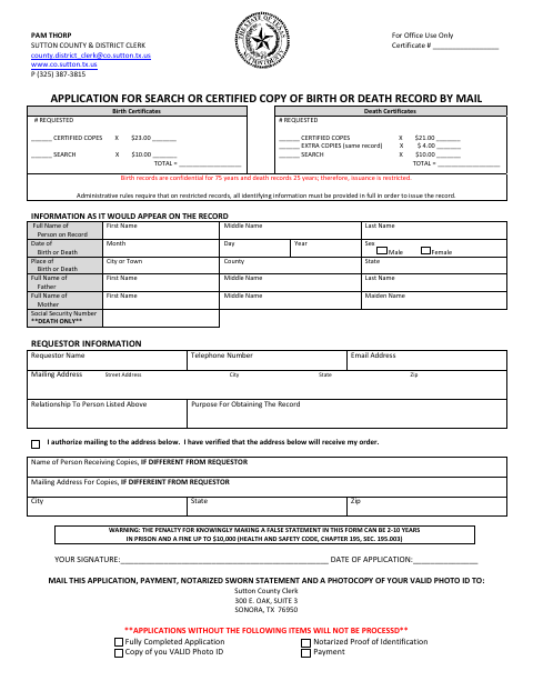 Application for Search or Certified Copy of Birth or Death Record by Mail, Sutton County form, first page
