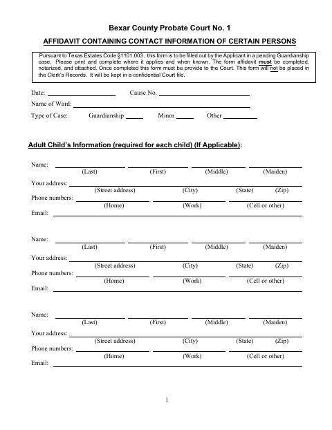 Affidavit Containing Contact Information of Certain Persons, Bexar County form, first page