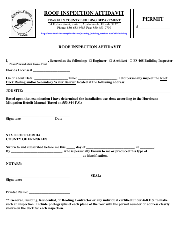 ROOF INSPECTION AFFIDAVIT PERMIT — Franklin County form, first page