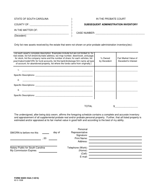 Subsequent Administration Inventory, Orangeburg County form, first page
