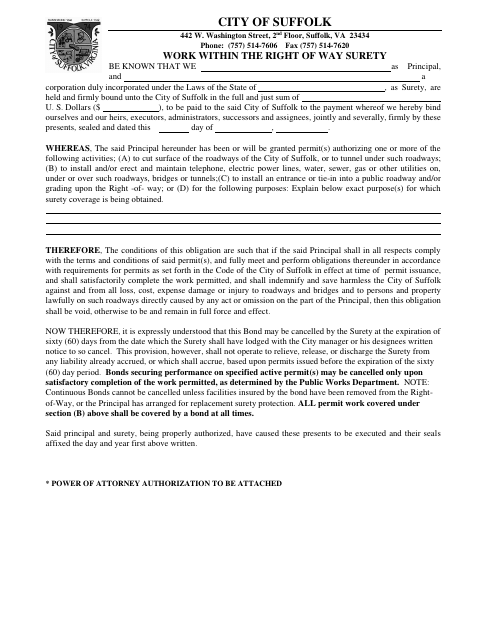 Work Within the Right of Way Surety Bond, City of Suffolk form, first page