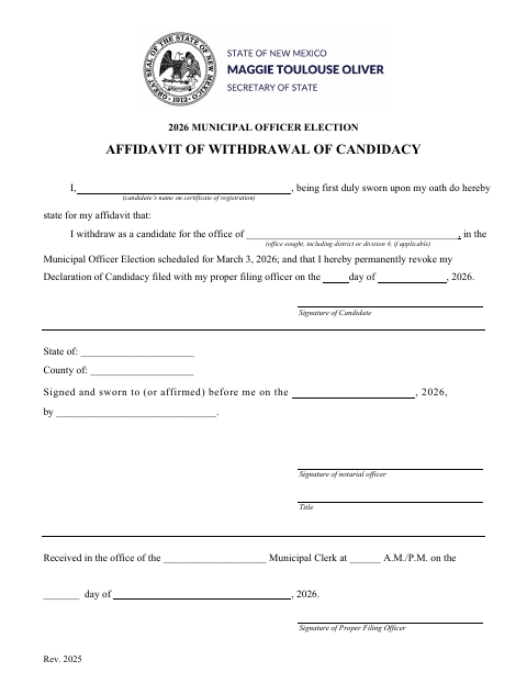 First page of the Affidavit of Withdrawal of Candidacy