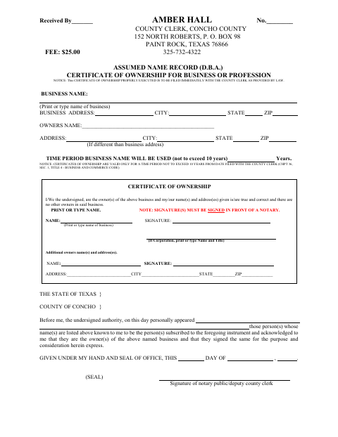 Assumed Name Record Certificate of Ownership, Concho County form, first page