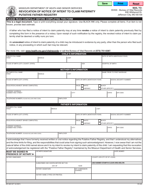 Revocation of Notice of Intent to Claim Paternity MO 580-3371 / VS-422 first page