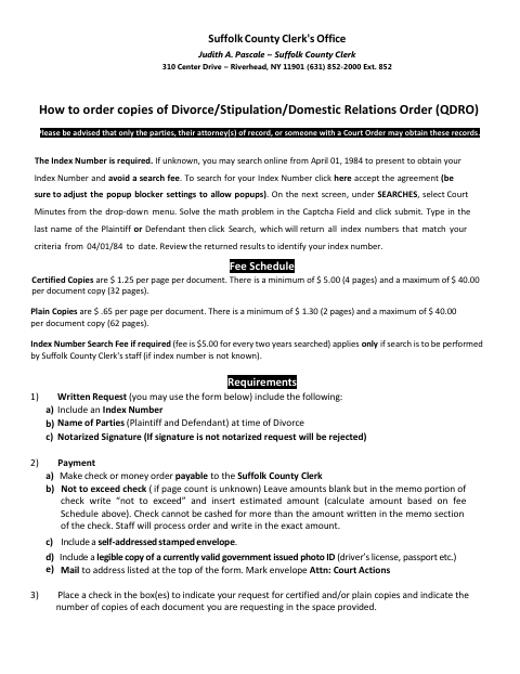Request for Copies of Divorce or Domestic Relations Orders, Suffolk County form, first page
