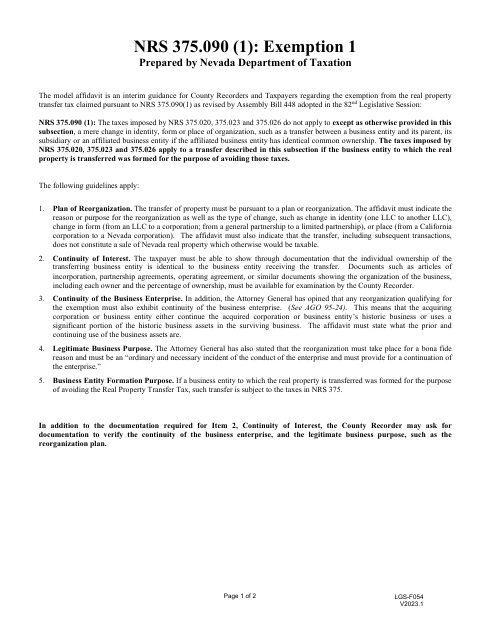 Model Affidavit for Exemption 1, Nye County form, first page