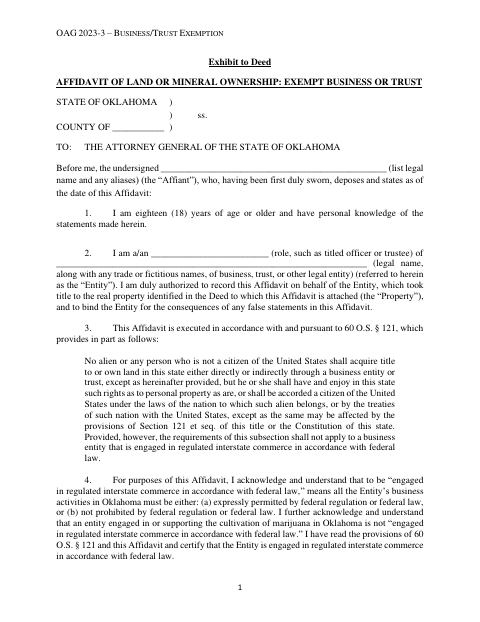 Affidavit of Land or Mineral Ownership: Exempt Business or Trust, Grady County form, first page