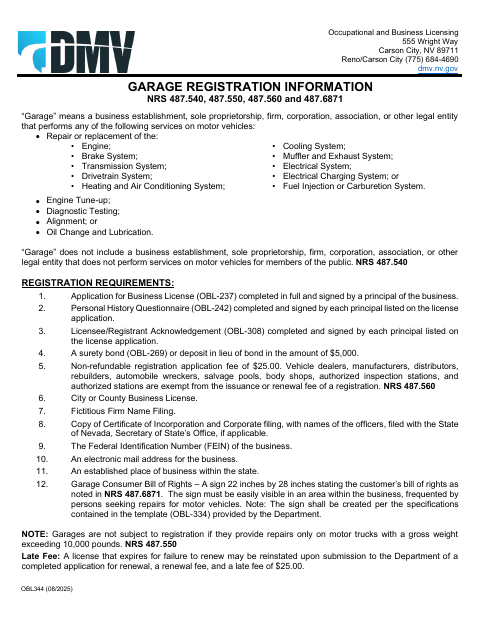 Application for Business License and Garage Registration OBL344A first page
