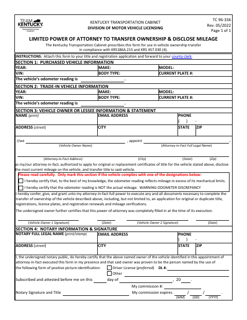 TC 96-336 Limited Power of Attorney to Transfer Ownership and Disclose Mileage first page