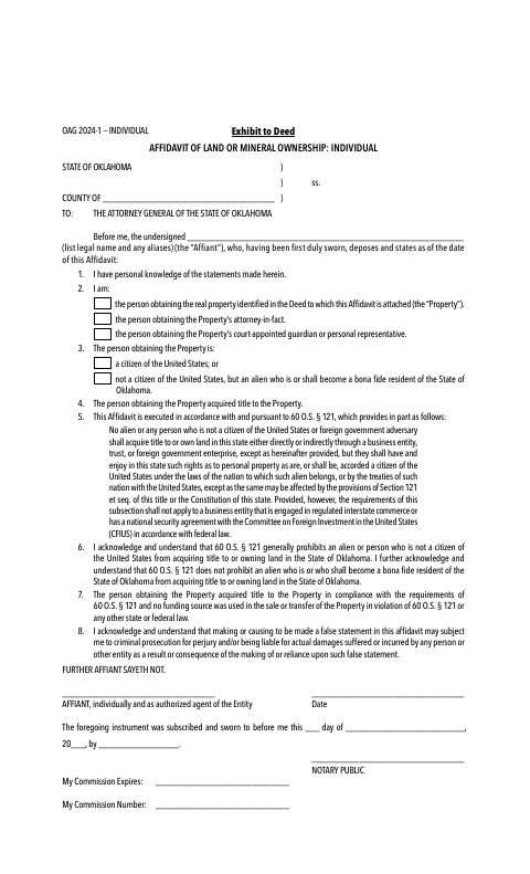 Affidavit of Land or Mineral Ownership: Individual, Ottawa County form, first page