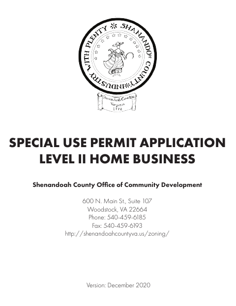 Special Use Permit Application for Level II Home Business, Shenandoah County form, first page