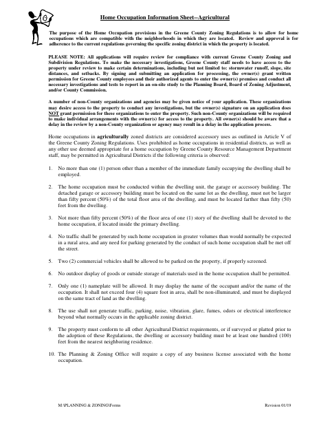 Agricultural Home Occupation Application, Greene County form, first page