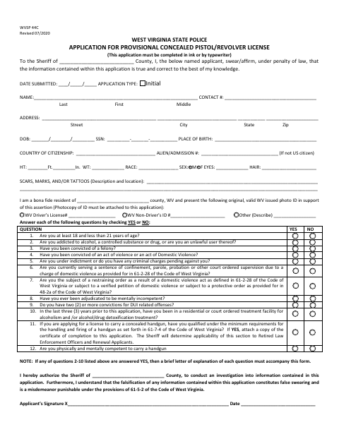 Application for Provisional Concealed Pistol/Revolver License, Putnam County form, first page