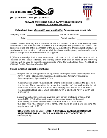 First page of the Private Swimming Pools Safety Requirements Affidavit of Responsibility