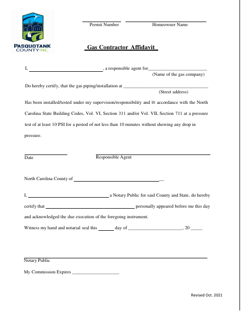 Gas Contractor Affidavit, Pasquotank County form, first page