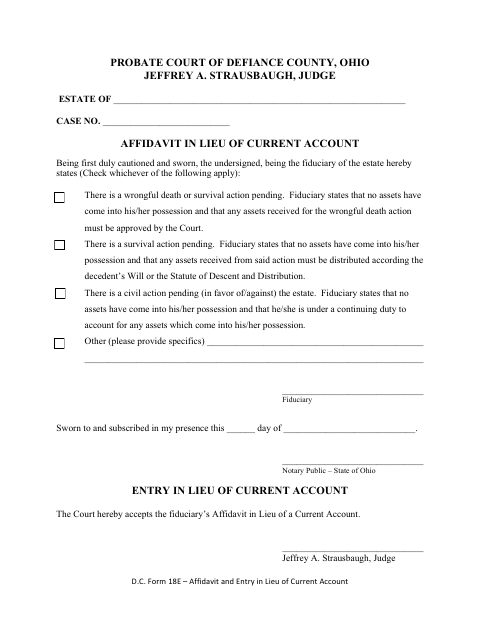 Affidavit in Lieu of Current Account, Defiance County form, first page