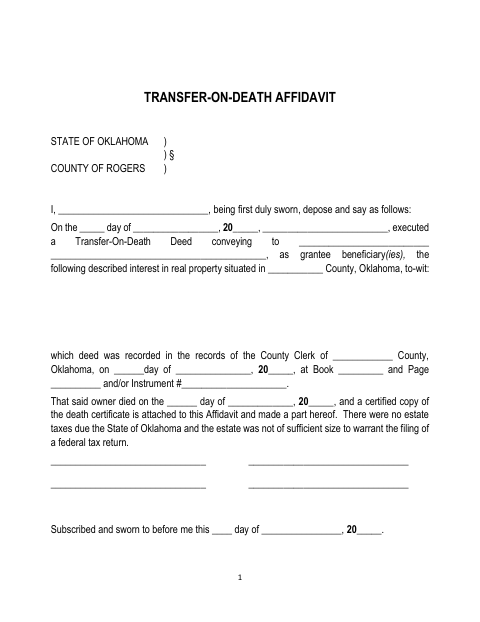 Transfer On Death Affidavit, Rogers County form, first page