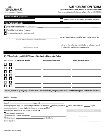 authorization form — Collier County form, first page