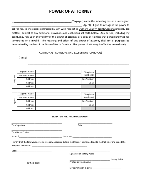 Power of Attorney, Durham County form, first page