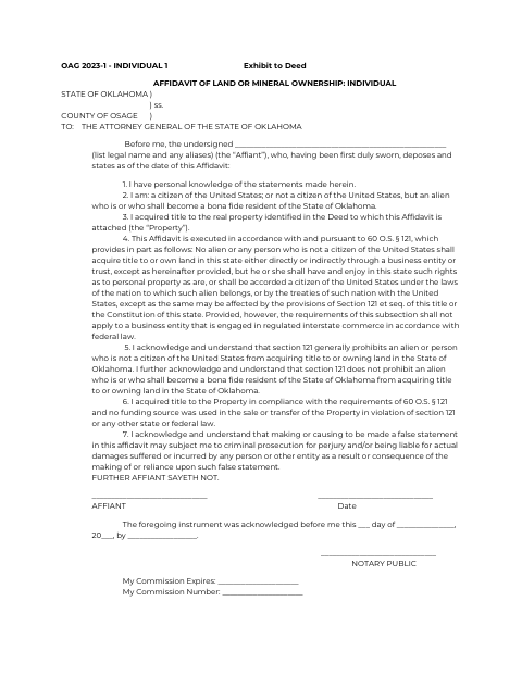 Affidavit of Land or Mineral Ownership: Individual, Osage County form, first page