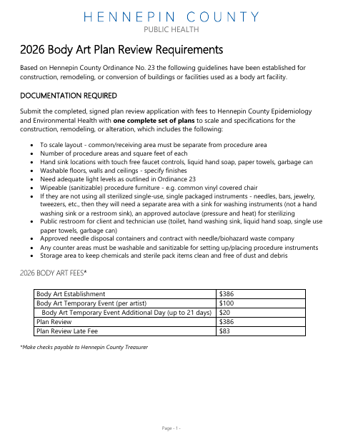 First page of the Body Art Plan Review Application