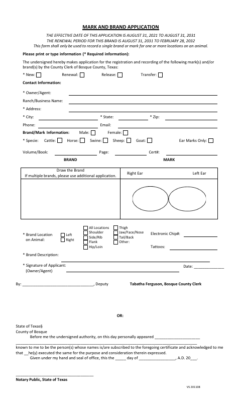 Mark and Brand Application, Bosque County form, first page