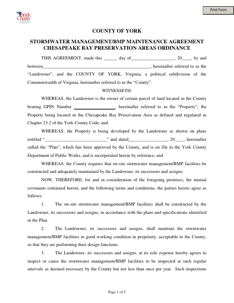 Stormwater Management/BMP Maintenance Agreement for Chesapeake Bay Preservation Areas, York County form, first page