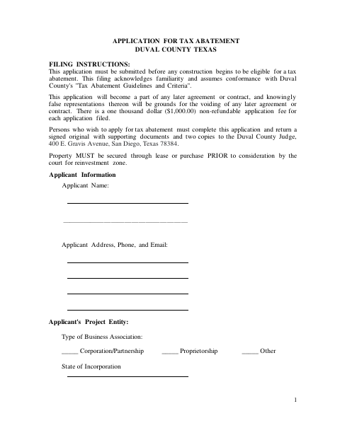 First page of the Application for Tax Abatement