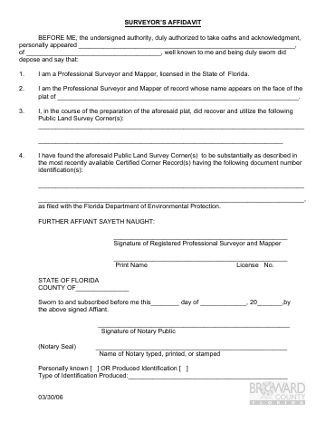 Surveyor's Affidavit — Broward County form, first page