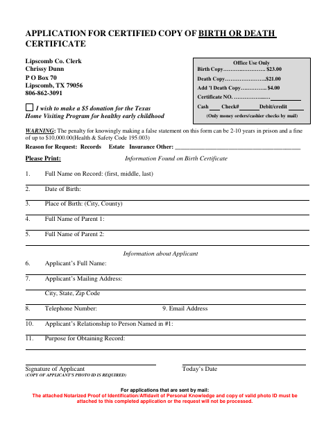 Application for Certified Copy of Birth or Death Certificate, Lipscomb County form, first page
