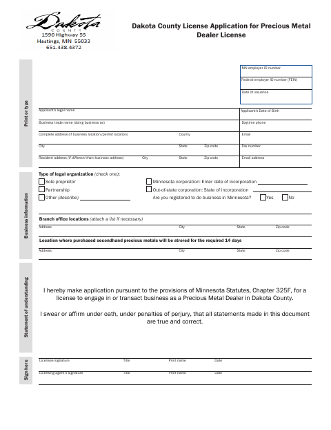 First page of the Precious Metal Dealer License Application