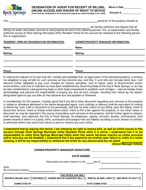 First page of the Designation of Agent for Billing and Waiver of Notice