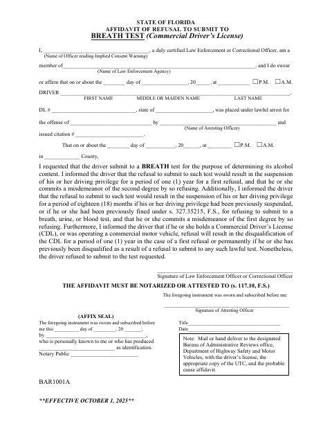 BAR1001A Affidavit of Refusal to Submit to Breath Test first page