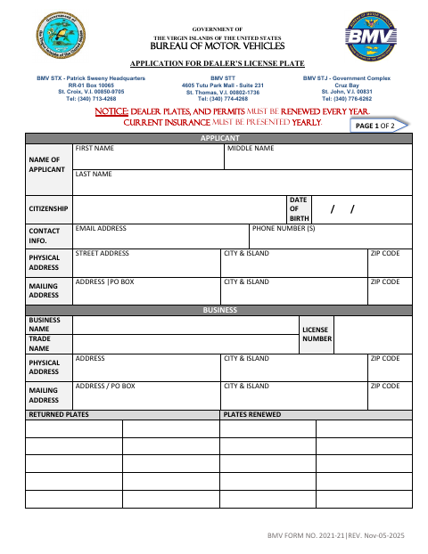 BMV Form 2021-21 Dealer’s License Plate Application first page