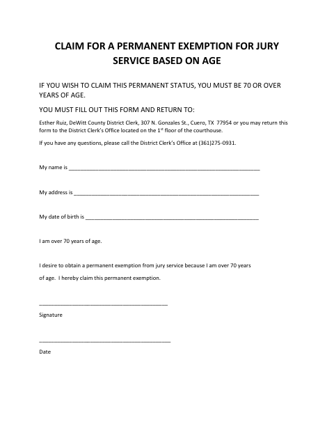 First page of the Claim for a Permanent Exemption for Jury Service Based on Age