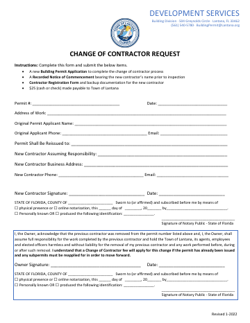First page of the Change of Contractor Request